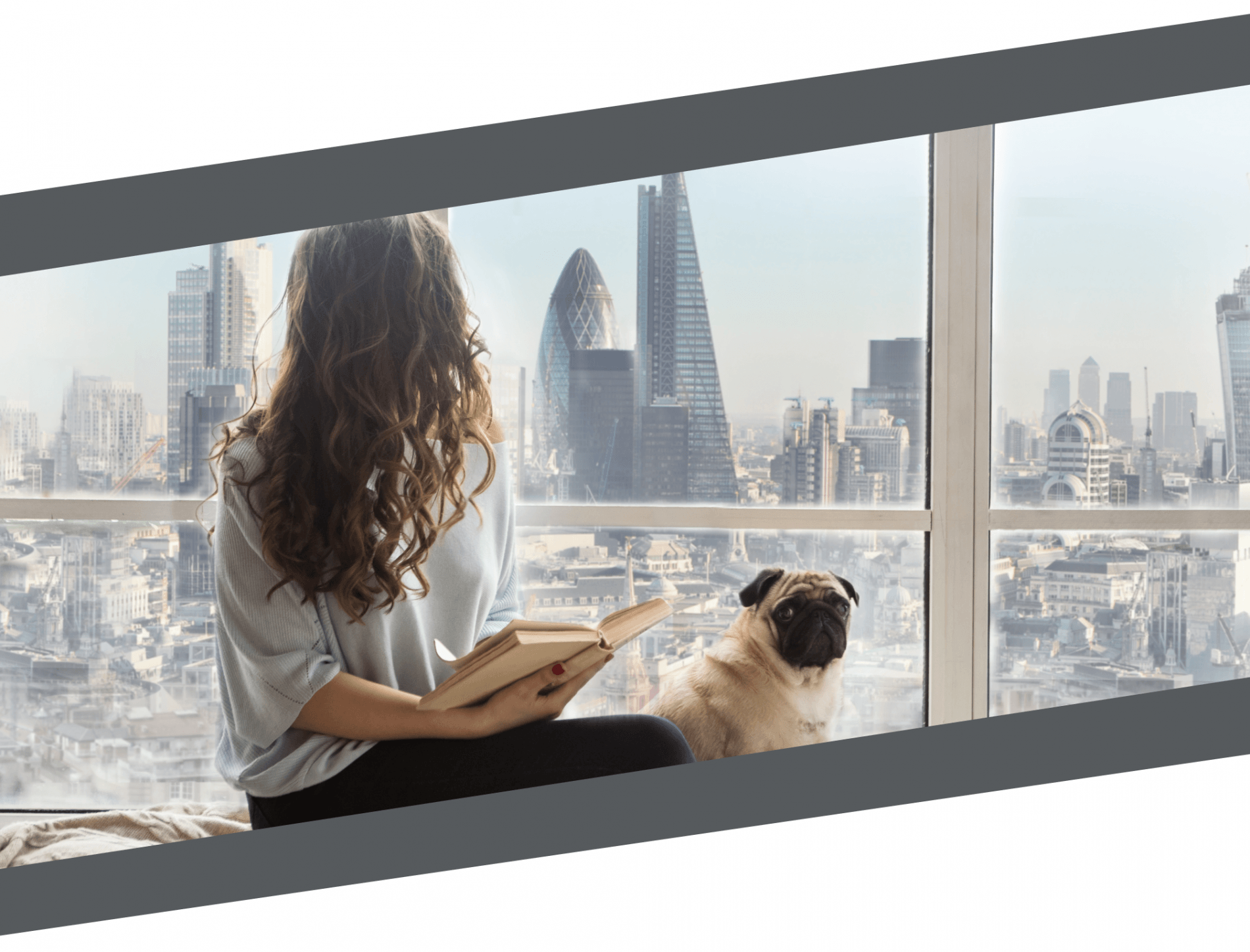 woman with puppy looking out window