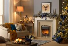 Christmas living room scene with a Dimplex Glencoe fireplace